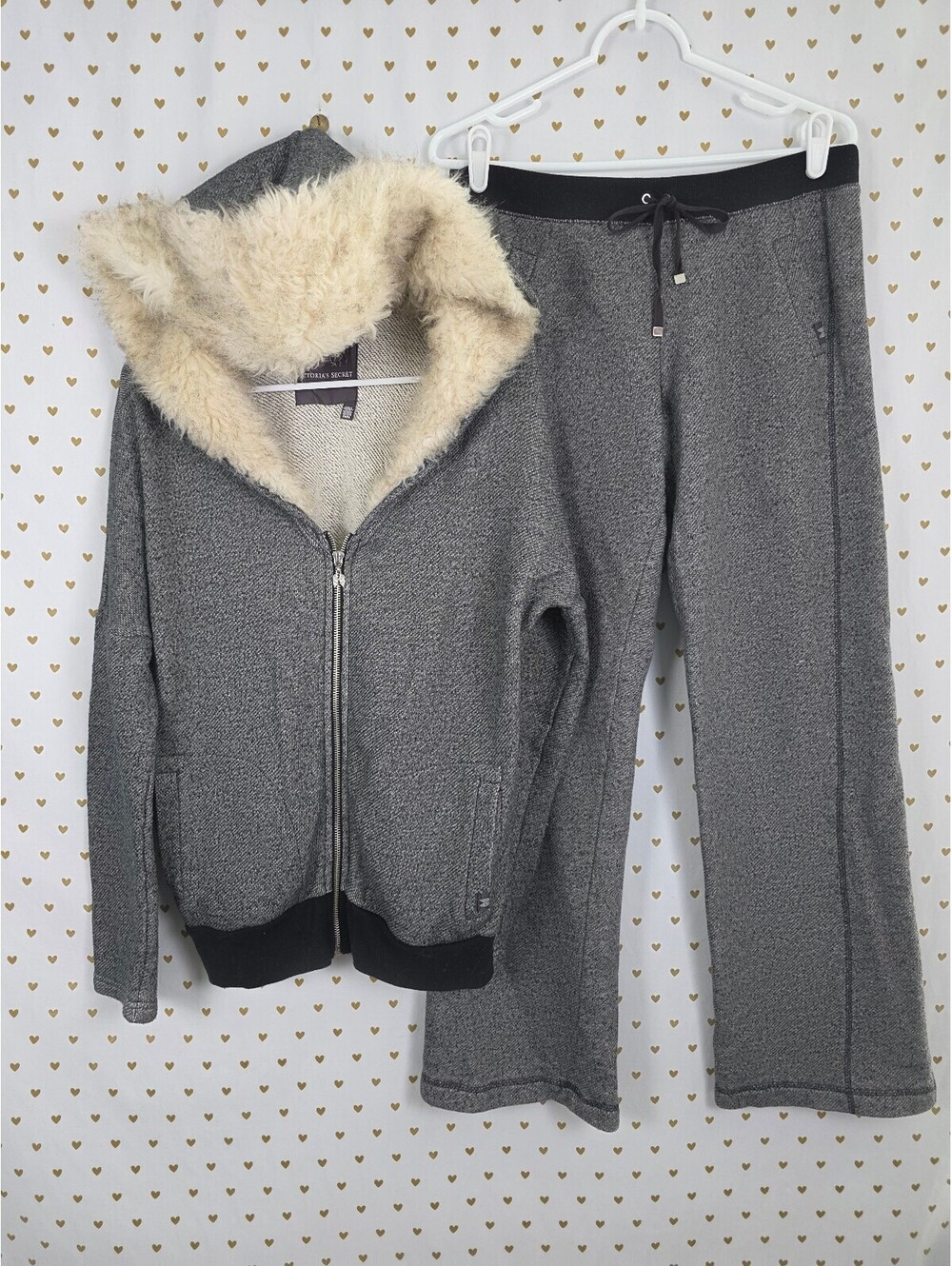 Victoria's Secret Tracksuit Set M S Gray Faux Fur Hood Bootcut Sweatpants